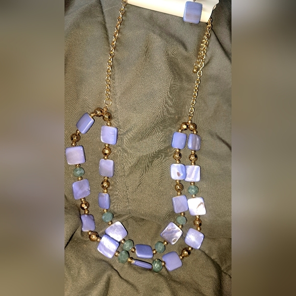 Periwinkle Blue Glass Bead and Gold Tone Metal Necklace and Earring Set - Picture 2 of 4